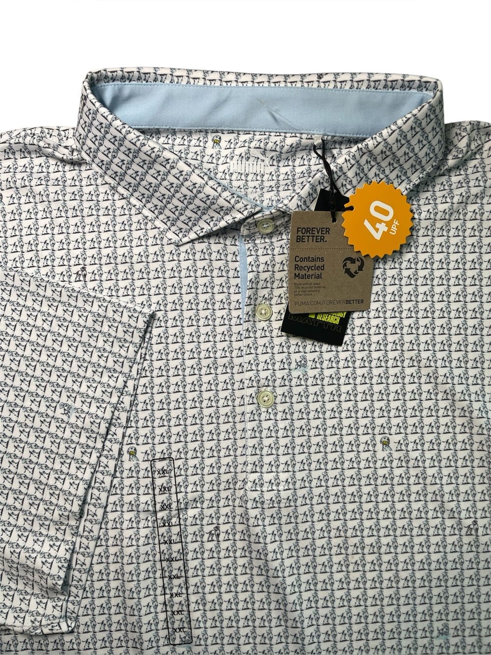 NWT Puma Mattr Men Pup Dog Golf Polo 626987 01 White Glow Silver Sky 40-UV XXL